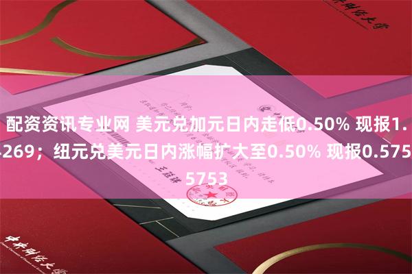 配资资讯专业网 美元兑加元日内走低0.50% 现报1.4269；纽元兑美元日内涨幅扩大至0.50% 现报0.5753